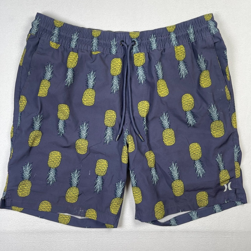 Hurley Swim Shorts Men's Large Gray Pineapple Print Nylon Stretch Drawstring